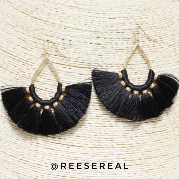 Black and Gold Tone Fan Tassel Earrings Boho - Picture 2 of 7